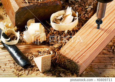 Carpenter tools on wood table background. Copy space. Top view 40809711