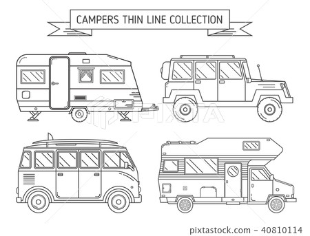 RV Campers and Trailer in Thin Line Art - Stock Illustration [40810114 ...