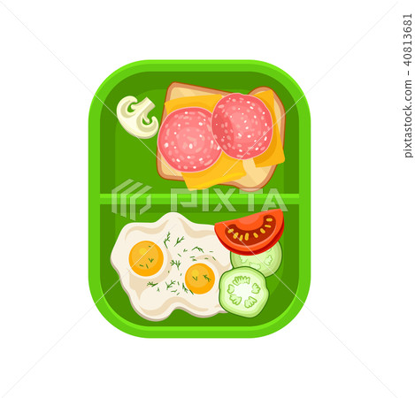 Fried eggs with vegetables and sandwich with cheese and salami on green plastic tray. Tasty food for 40813681