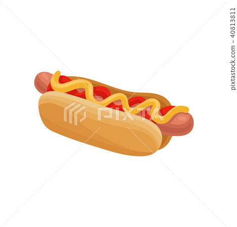 Flat vector icon of hot dog. Sausage in soft roll topped with ketchup and mustard. Design for menu 40813811