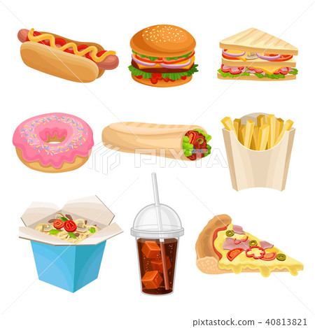 Flat vector set of fast-food icons. Delicious snack for lunch. Unhealthy nutrition Flat vector set of fast-food icons. Delicious snack for lunch. Unhealthy nutrition 40813821