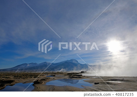 Beautiful landscape of the hot springs Polloquere at dawn, Salar De Surire salt lake, Isluga Volcano 40817235