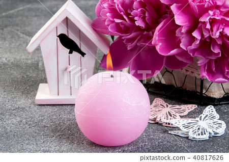 Pink peony, aroma candle and butterflies 40817626