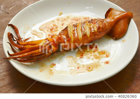 grilled squid dressing spicy sauce on white plate grilled squid dressing spicy sauce on white plate 40826360