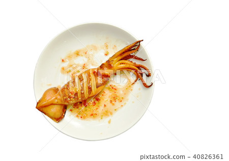 grilled squid dressing spicy sauce on white plate 40826361
