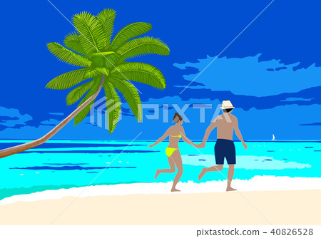 Happy honeymoon couple on the beach scene. 40826528