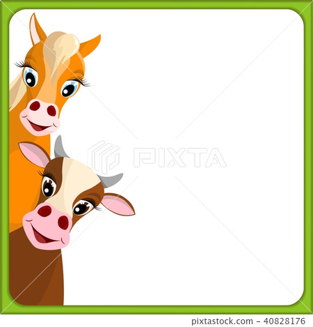 cute cow and horse in green frame 40828176