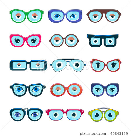 Glasses with eyes vector cartoon eyeglass frame or sunglasses in shapes and accessories for hipsters 40843139