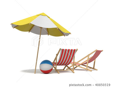 3d rendering of a white and yellow beach umbrella standing above two deck chairs. 3d rendering of a white and yellow beach umbrella standing above two deck chairs. 40850319