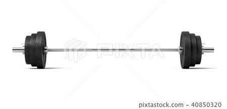 3d rendering of a silver colored metal barbell with several black weight plates on a white 40850320