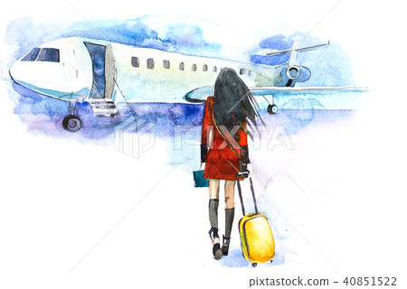 Woman traveler with luggage going to plane. Girl tourist passager walking in to airplane at airport 40851522