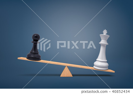 3d rendering of a black chess pawn piece loses to an overweighing white king on a wooden seesaw. 3d rendering of a black chess pawn piece loses to an overweighing white king on a wooden seesaw. 40852434