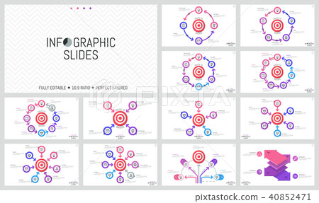 Bundle of minimalist infographic design layouts. Round elements with arrows placed around shooting 40852471