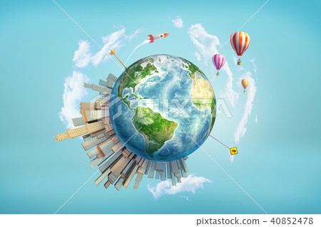 3d rendering of Earth globe with office skyscrapers, traffic and road signs standing on it, and 3d rendering of Earth globe with office skyscrapers, traffic and road signs standing on it, and 40852478