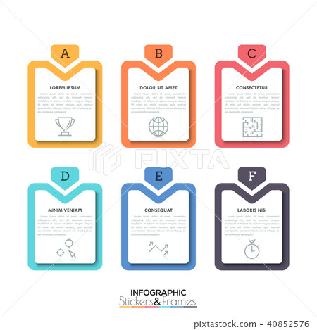 Six colorful rectangular elements with letters, text boxes and thin line icons inside, 6 business Six colorful rectangular elements with letters, text boxes and thin line icons inside, 6 business 40852576