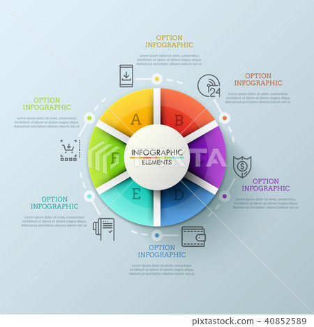 Circular chart divided into 6 colorful parts and surrounded by thin line icons and text boxes 40852589