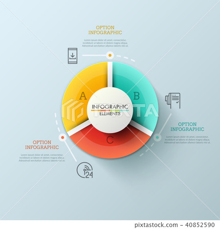 Round pie chart divided into 3 multicolored sectors, thin line pictograms and text boxes 40852590