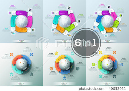 Big bundle of 6 round diagrams with colorful puzzle pieces and rectangular elements placed around 40852931