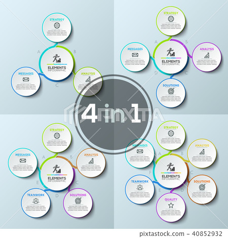 Set of four flower petal diagrams with 3, 4, 5 and 6 round lettered elements placed around central 40852932