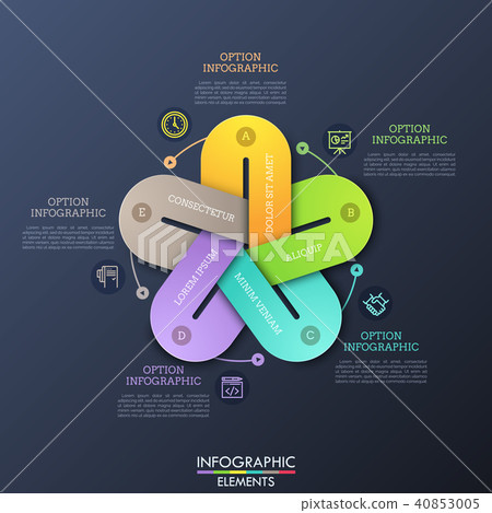 Unusual infographic design layout. 5 colorful elements with gaps connected together, thin line 40853005