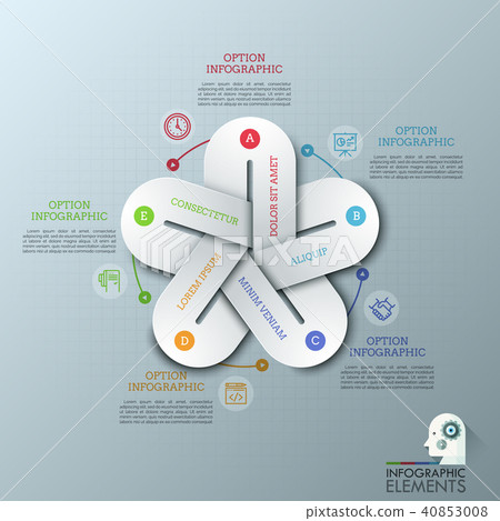 Unusual infographic design layout. 5 colorful elements with gaps connected together, thin line 40853008