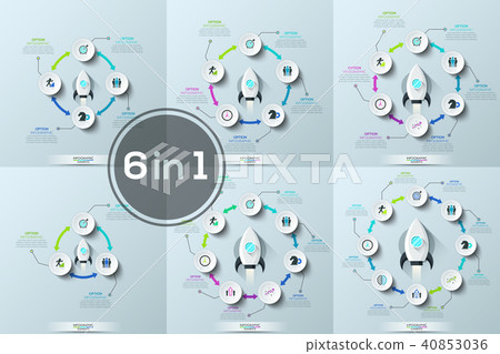 Collection of six modern infographic design templates. White round elements with thin line icons and 40853036