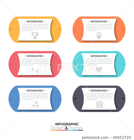 Six rectangular elements with two arrows pointing in opposite directions, thin line icons and text 40853720