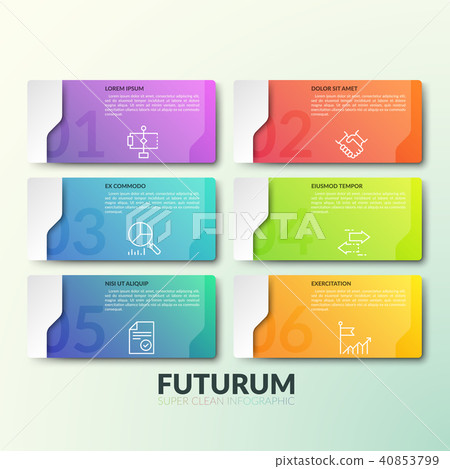 Six gradient colored rectangular elements with numbers, thin line icons and place for text inside, 6 Six gradient colored rectangular elements with numbers, thin line icons and place for text inside, 6 40853799