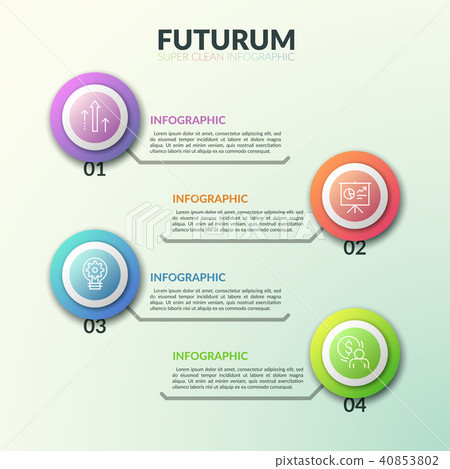 Four thin line symbols inside colorful round elements placed one above other and connected with text 40853802