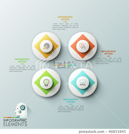 Four white circular elements with thin line pictograms inside surrounded by text boxes. Elements of Four white circular elements with thin line pictograms inside surrounded by text boxes. Elements of 40853845