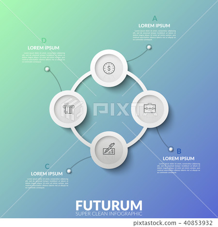 Round chart with 4 white circular connected elements, thin line symbols and text boxes Round chart with 4 white circular connected elements, thin line symbols and text boxes 40853932