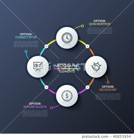 Circular diagram with 4 round white elements connected by colorful lines and play buttons. Modern Circular diagram with 4 round white elements connected by colorful lines and play buttons. Modern 40853934