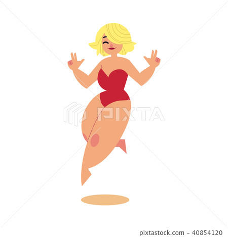 Vector cartoon plump overweight woman swimsuit run 40854120
