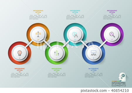 Six round elements with letters and linear icons inside connected by zigzag line. Successive steps Six round elements with letters and linear icons inside connected by zigzag line. Successive steps 40854210