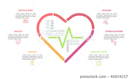Heart symbol consisted of multicolored lines and surrounded by icons and text boxes. Concept of 40854237