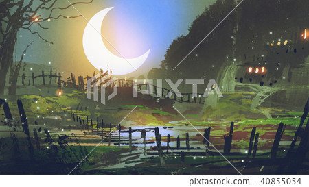 garden at night with big crescent moon garden at night with big crescent moon 40855054