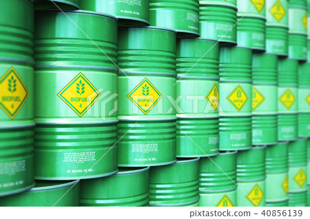 Group of green biofuel drums in storage warehouse 40856139