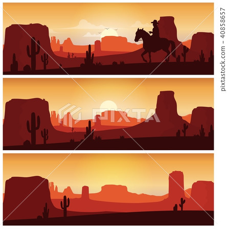 Cowboy riding horse against sunset background. Wil Cowboy riding horse against sunset background. Wil 40858657