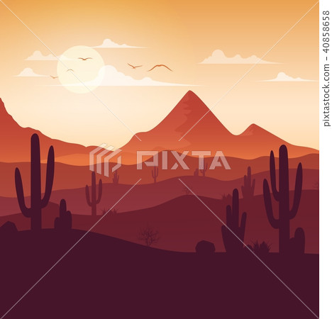 Desert landscape with cactuses on the sunset backg 40858658