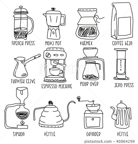 Icons for making coffee in the form of doodles. 40864299