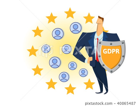 GDPR compliance. Personal data security. Shielded man protecting personal accounts in front of 40865487