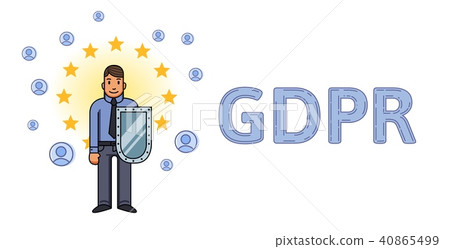 GDPR and online security. Man with a shield among European stars and personal accounts. GDPR letters GDPR and online security. Man with a shield among European stars and personal accounts. GDPR letters 40865499