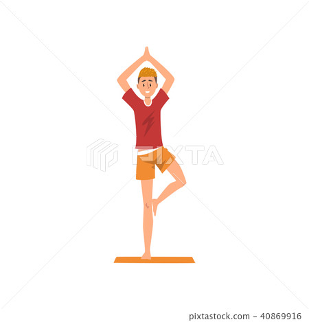 Young man doing yoga in a vrksasana position, active healthy lifestyle concept cartoon vector Young man doing yoga in a vrksasana position, active healthy lifestyle concept cartoon vector 40869916