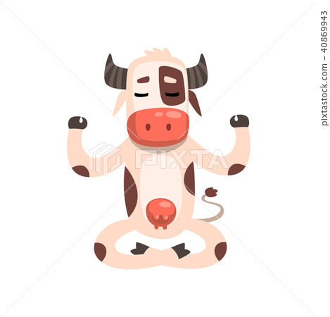Cow sitting in lotus pose, funny farm animal cartoon character practicing yoga vector Illustration 40869943