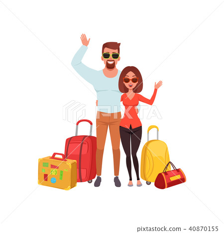 Young couple with travel bags waving hands, people traveling together during summer vacation vector Young couple with travel bags waving hands, people traveling together during summer vacation vector 40870155