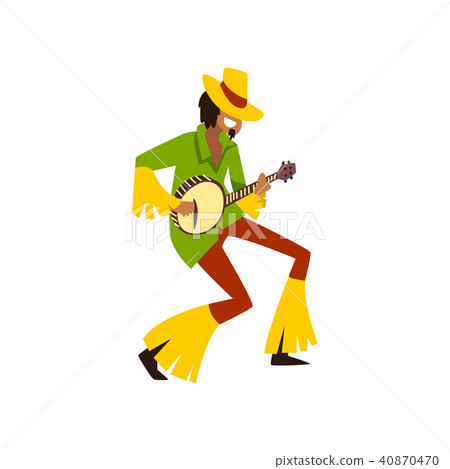 Young man dancing and playing music with banjo at Brazil carnival, male dancer in bright festive 40870470
