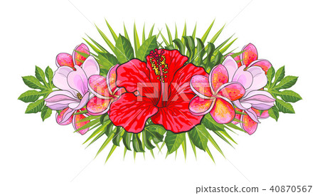 Tropical flowers beautiful isolated composition with hand drawn exotic blooms and palm leaves. Tropical flowers beautiful isolated composition with hand drawn exotic blooms and palm leaves. 40870567