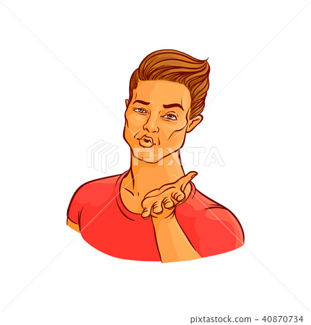 Young man sends air kiss - hand drawn handsome guy holding palm up and showing kissing facial Young man sends air kiss - hand drawn handsome guy holding palm up and showing kissing facial 40870734