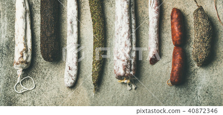 Variety of Spanish or Italian cured meat sausages, wide composition 40872346