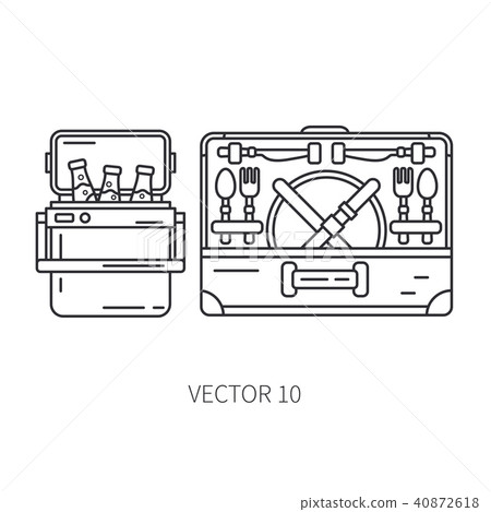 Retro furniture, compact picnic basket and refrigerator line icon. Summer travel vacation, tourism Retro furniture, compact picnic basket and refrigerator line icon. Summer travel vacation, tourism 40872618